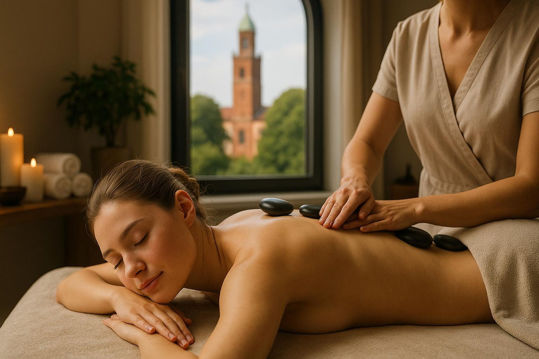 Entspannende Hot Stone Massage mit Blick auf eine Kirche, die eine ruhige Atmosphäre schafft.