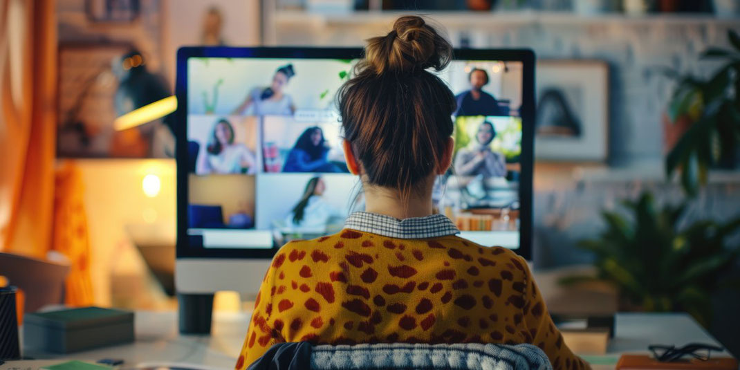 Junge Frau arbeitet von zu Hause und verfolgt eine Videokonferenz am Computerbildschirm in gemütlicher Wohnumgebung.