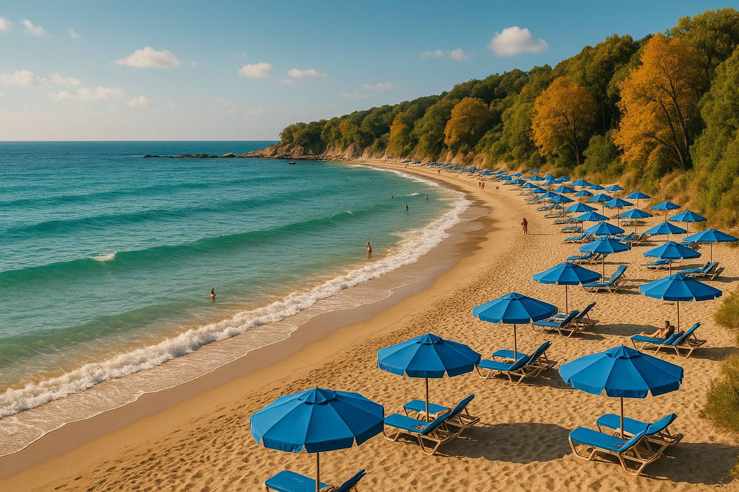Weitläufiger Sandstrand mit blauen Sonnenschirmen und sanften Wellen unter klarem Himmel.
