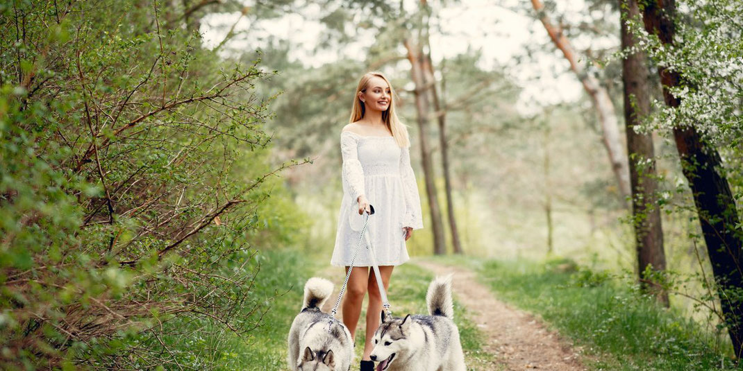 Frau im weißen Kleid spaziert mit zwei Huskys auf einem Waldweg im Frühling