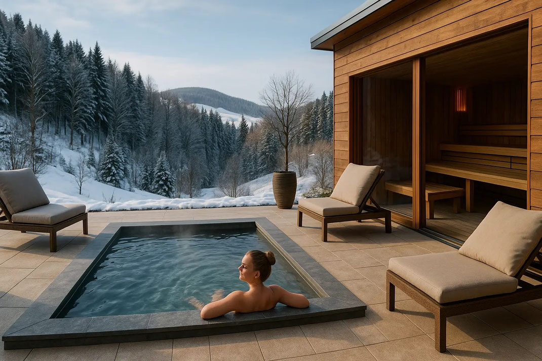 Eine Frau sitzt in einem Whirlpool auf einer Terrasse mit schneebedeckten Bergen im Hintergrund.