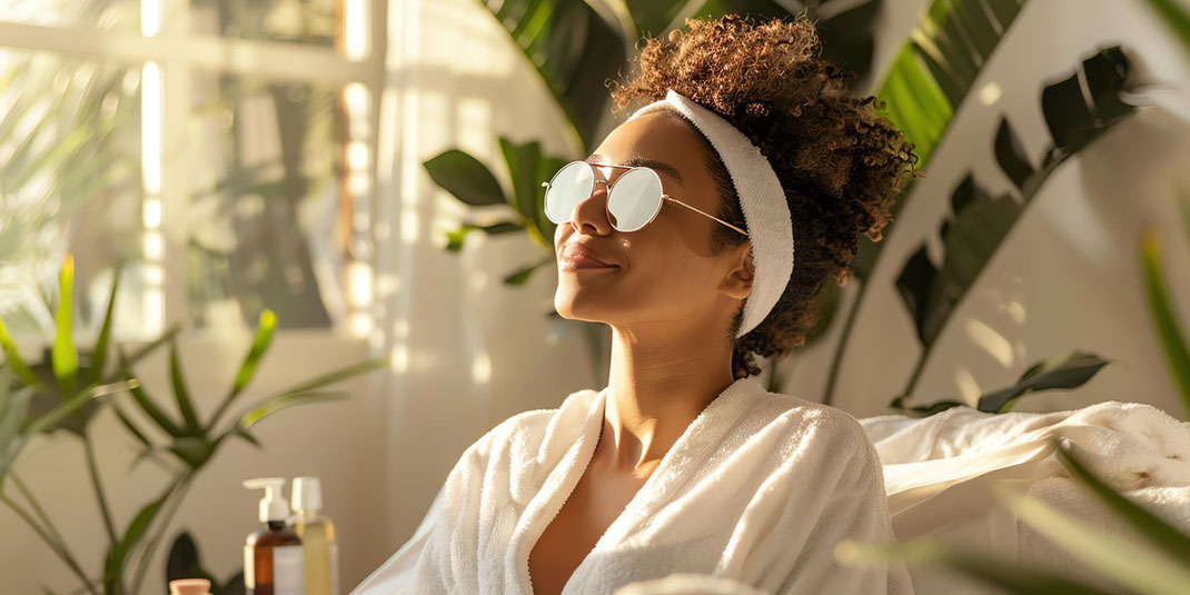 Eine Frau mit lockigen Haaren trägt ein weißes Stirnband, eine runde Sonnenbrille und einen weißen Bademantel. Sie entspannt sich in einem hellen, modernen Wellness-Bereich mit üppigen grünen Pflanzen im Hintergrund. Spa-Produkte in braunen Flaschen sind