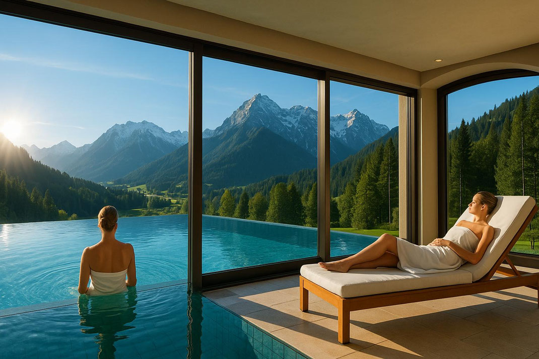 Zwei Frauen entspannen im Infinity-Innenpool mit weitem Blick auf ein sonniges Bergtal.