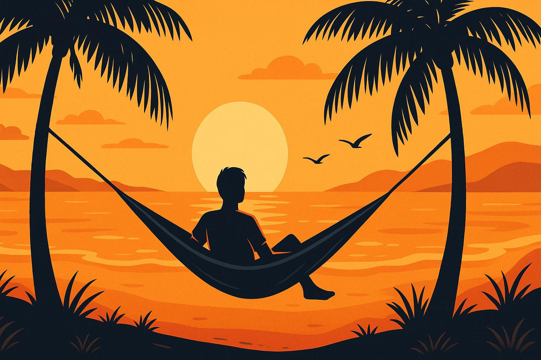 Silhouette eines Mannes in einer Hängematte, während die Sonne untergeht, umgeben von Palmen.
