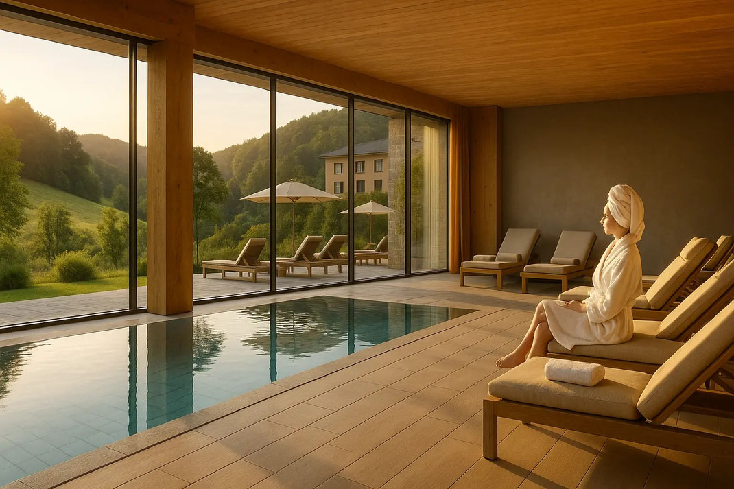 Eine Frau in einem Spa-Raum mit Blick auf die Natur draußen, umgeben von Liegen.