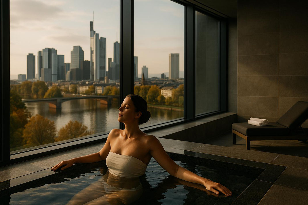 Entspannende Spa-Szene mit Skyline im Hintergrund.