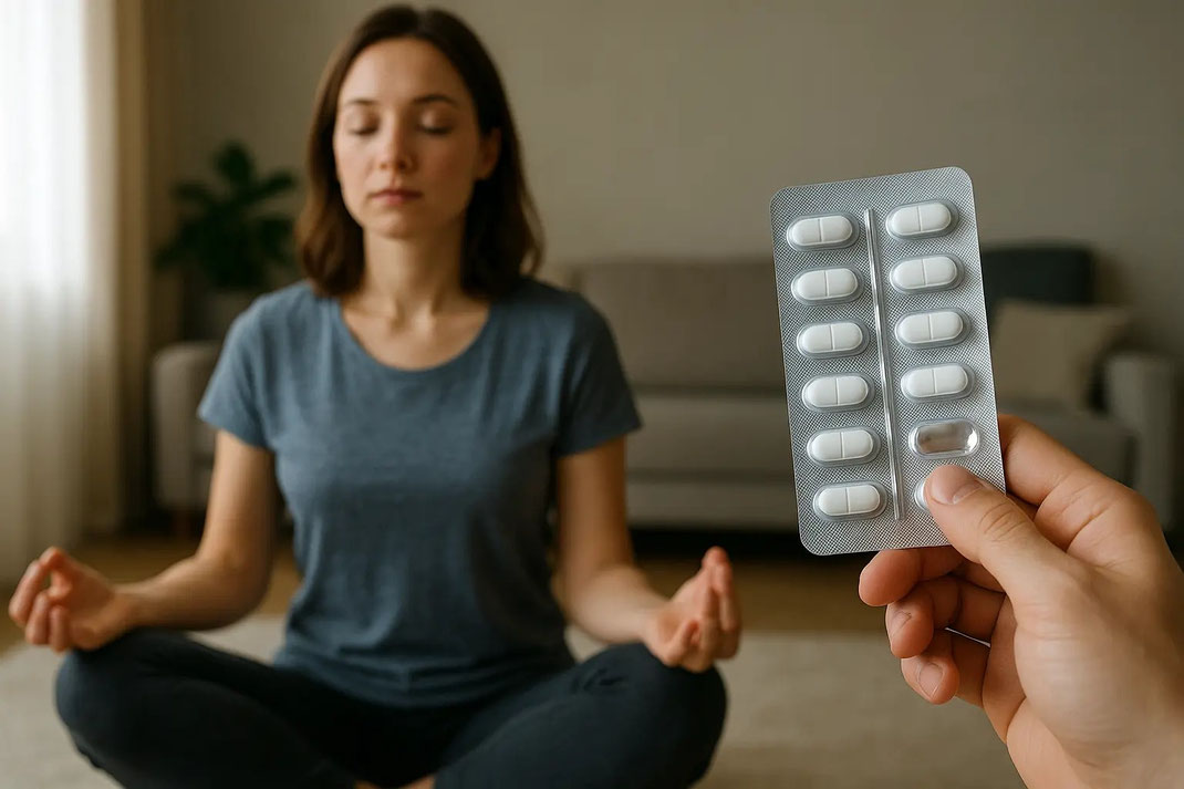 Eine Frau meditiert, während jemandem neben ihr Tabletten anbietet, die auf einem Tablett sichtbar sind.