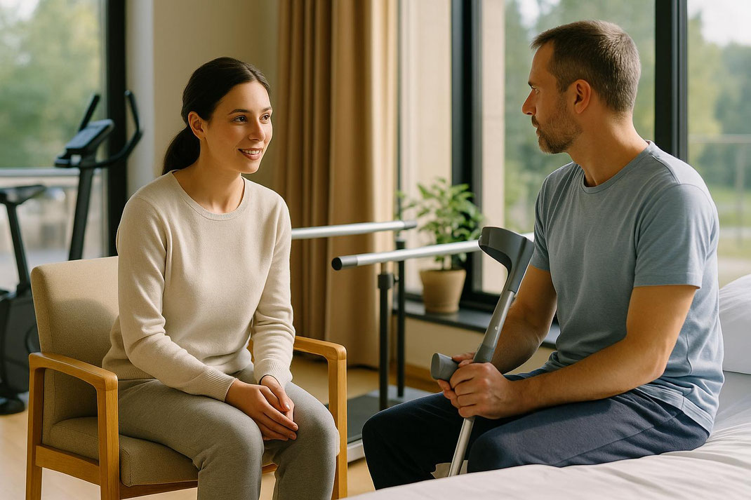 Eine lächelnde Frau spricht mit einem Mann, der einen Gehstock hält, in einem Therapieraum.