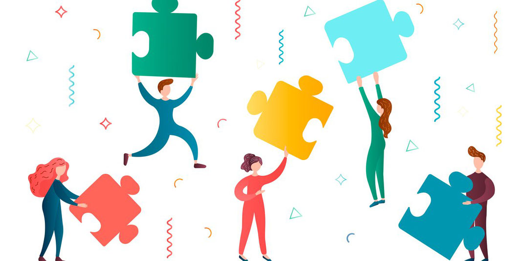 Illustration von Menschen, die große bunte Puzzleteile halten – Symbol für Teamwork und Zusammenarbeit.