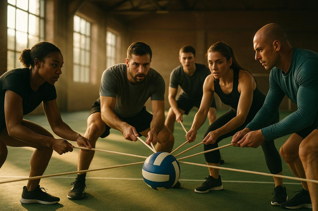 Gruppentraining mit Volleyball und Seil, Teamwork und Fitness-Übung.