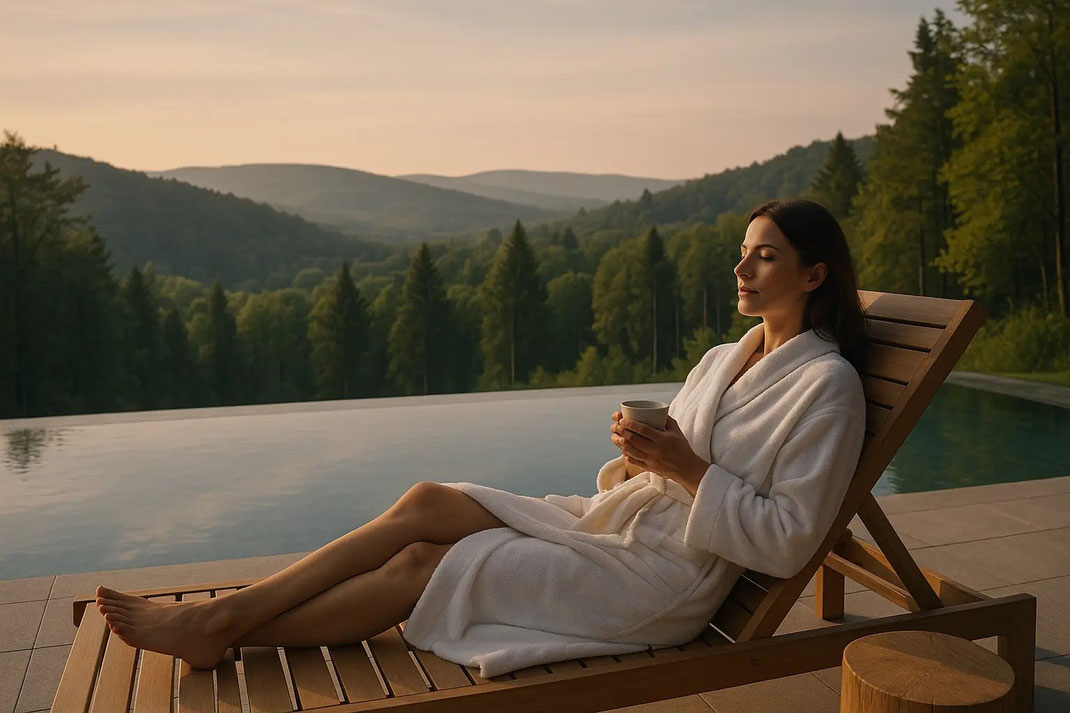 Eine Frau entspannt in einem Bademantel neben einem Infinity-Pool mit Bergen im Hintergrund.