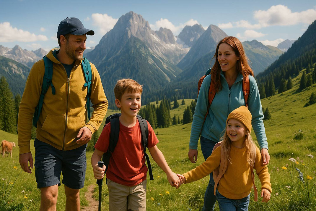 Familie mit zwei Kindern wandert lachend über eine blühende Alpenwiese mit imposanten Bergen im Hintergrund.