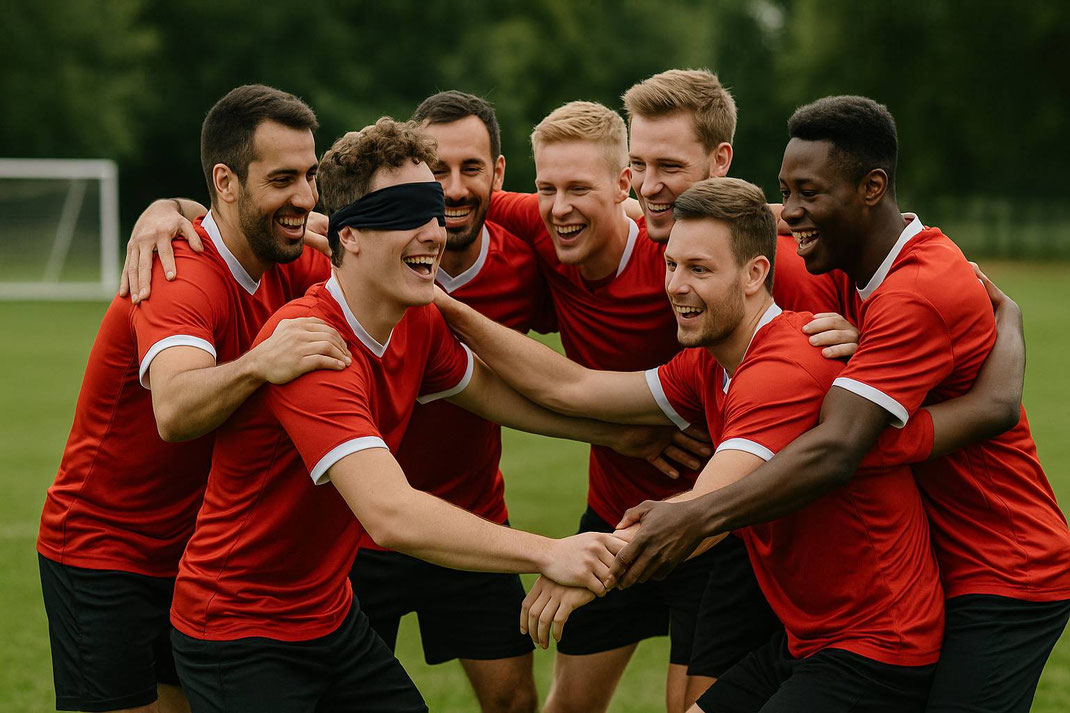 Fußballteam in roten Trikots lacht gemeinsam bei einer Vertrauensübung auf dem Spielfeld.