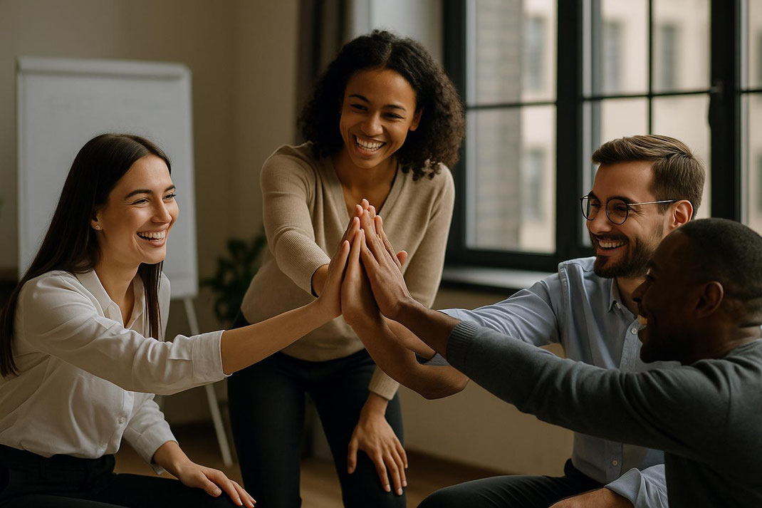 Vier Menschen geben sich High-Fives und zeigen Freude und Teamgeist bei der Zusammenarbeit.