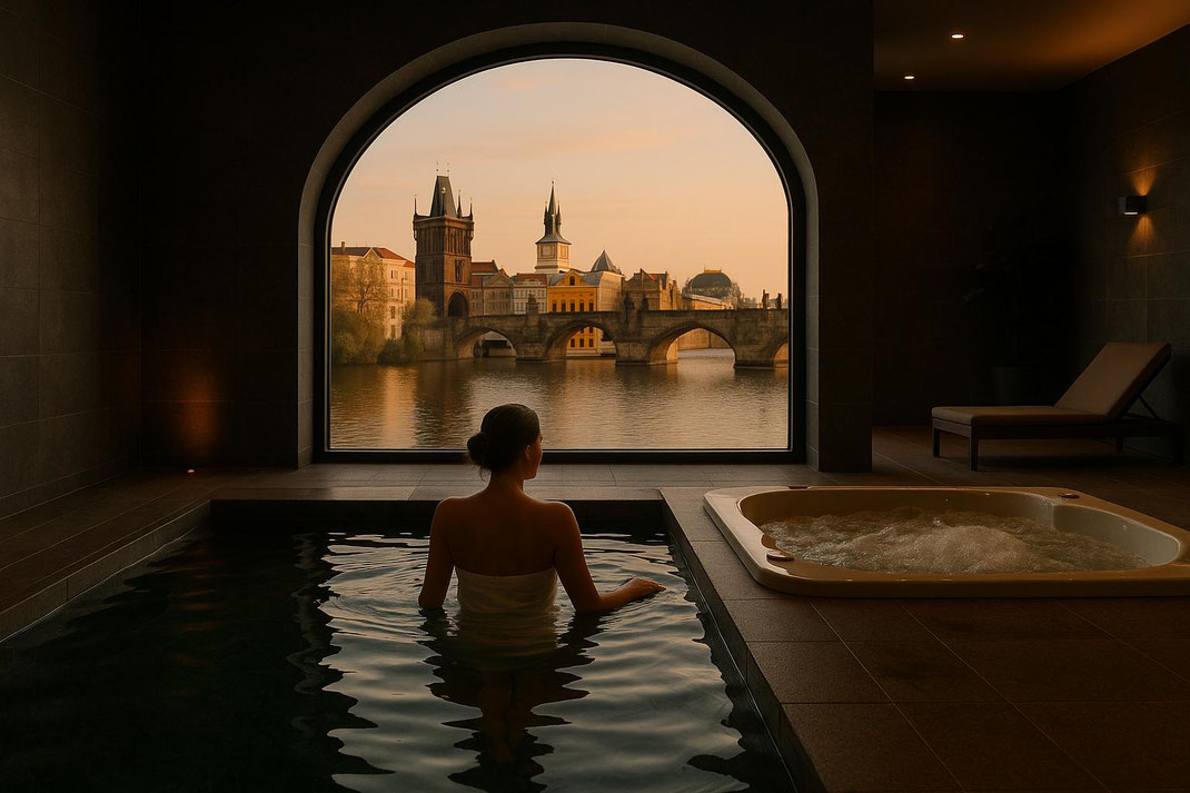 Frau in einem Spa mit Blick auf die Prager Karlsbrücke.