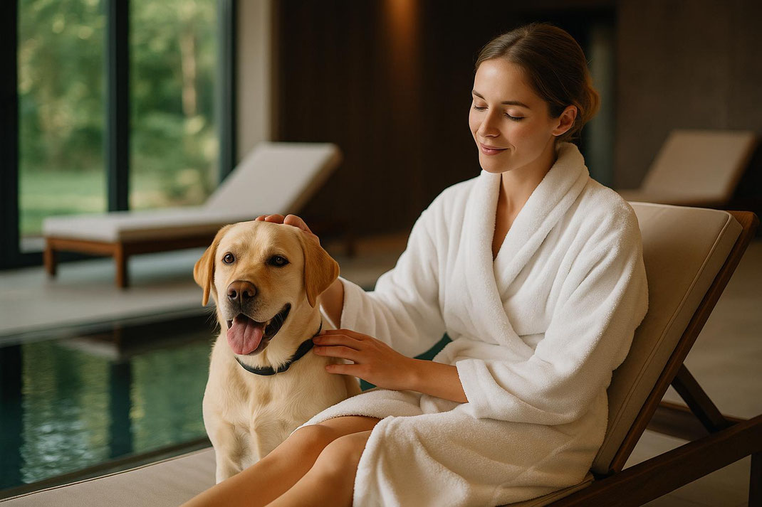 Eine Frau in einem Bademantel streichelt ihren Labrador neben einem Pool.
