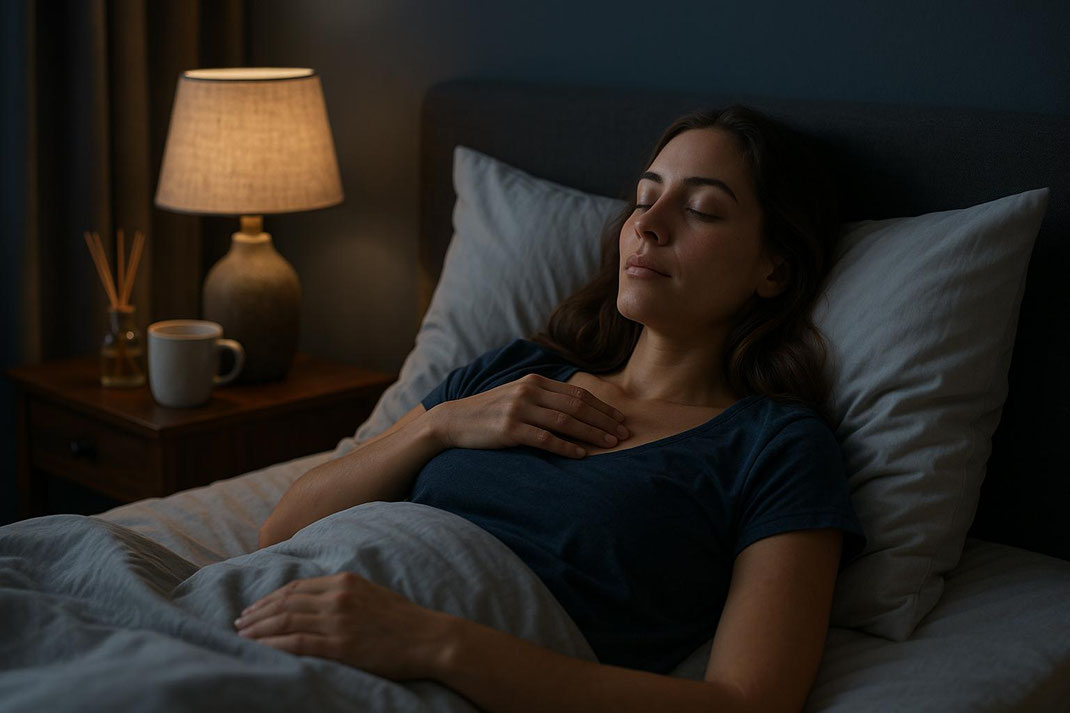 Eine Frau schläft entspannt im Bett mit sanfter Beleuchtung, ideal für Wellness-Themen.