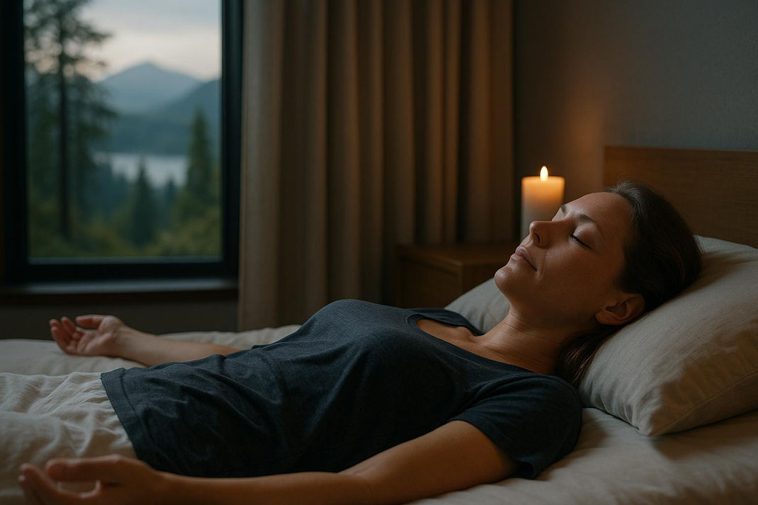 Eine Frau meditiert ruhig im Schlafzimmer mit Blick auf die Natur.