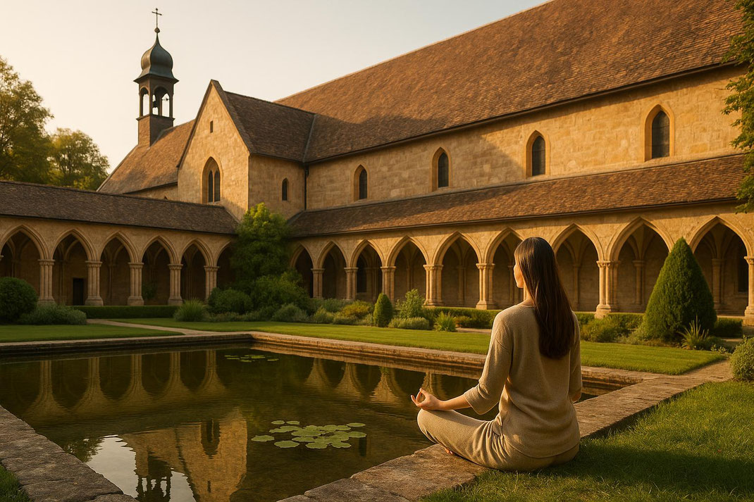 Eine Frau sitzt am Teich und meditiert in einem ruhigen Klosterumfeld zur Abenddämmerung.