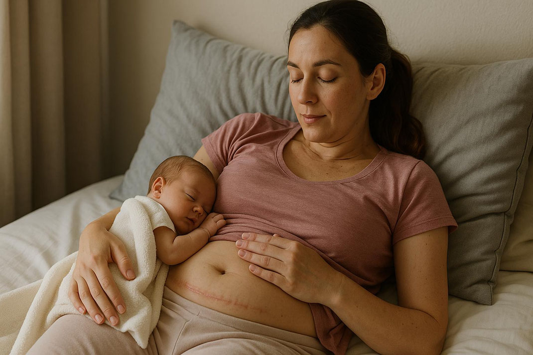 Schlafende Mutter mit Baby, zärtlicher Moment auf dem Bett.