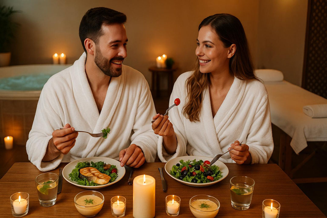 Paar in weißen Bademänteln genießt ein gesundes Abendessen bei Kerzenschein in einer Wellness-Umgebung.
