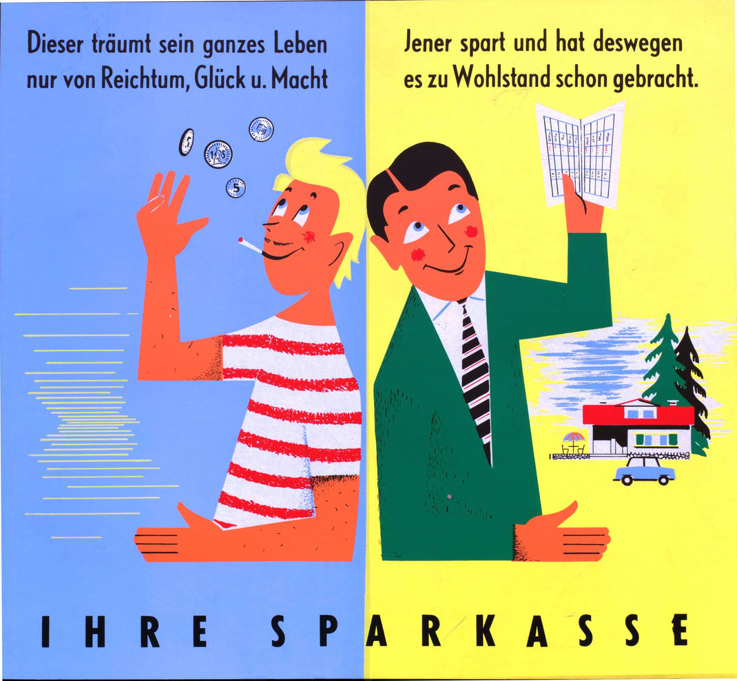 Vintage Poster Art.  Plakat Sammlung Traimer Heinz Traimer Wien. Alte Sparkassenwerbung. Geldverschwender versus Sparer.