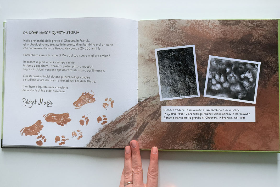 Impronte di bambino e canide nella Grotta di Chauvet, interno del libro Il primo migliore amico di Bridget Marzo