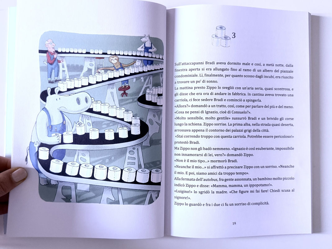 Illustrazione di Bradi va in città con il bradipo al lavoro che rallenta la produzione in serie di una ditta di carta igenica