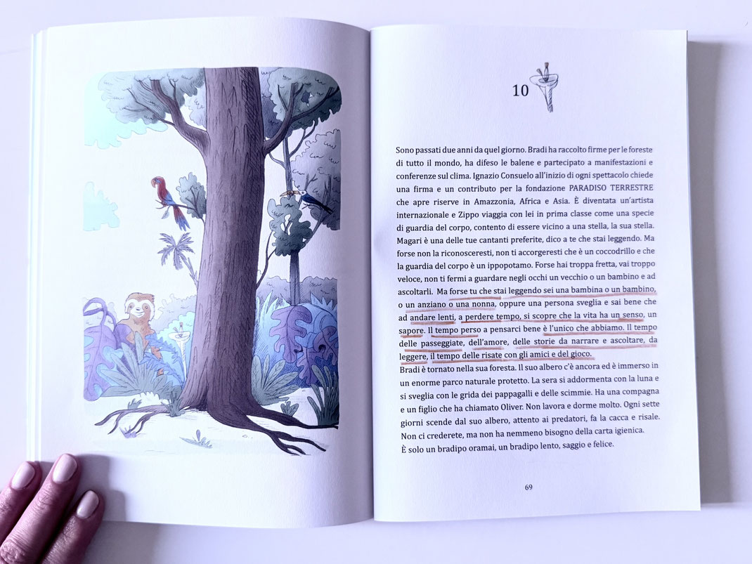 Illustrazione finale del libro Bradi va in città con sottolineatura del testo con rilevanza sull'importanza del tempo speso bene e il tempo perso.