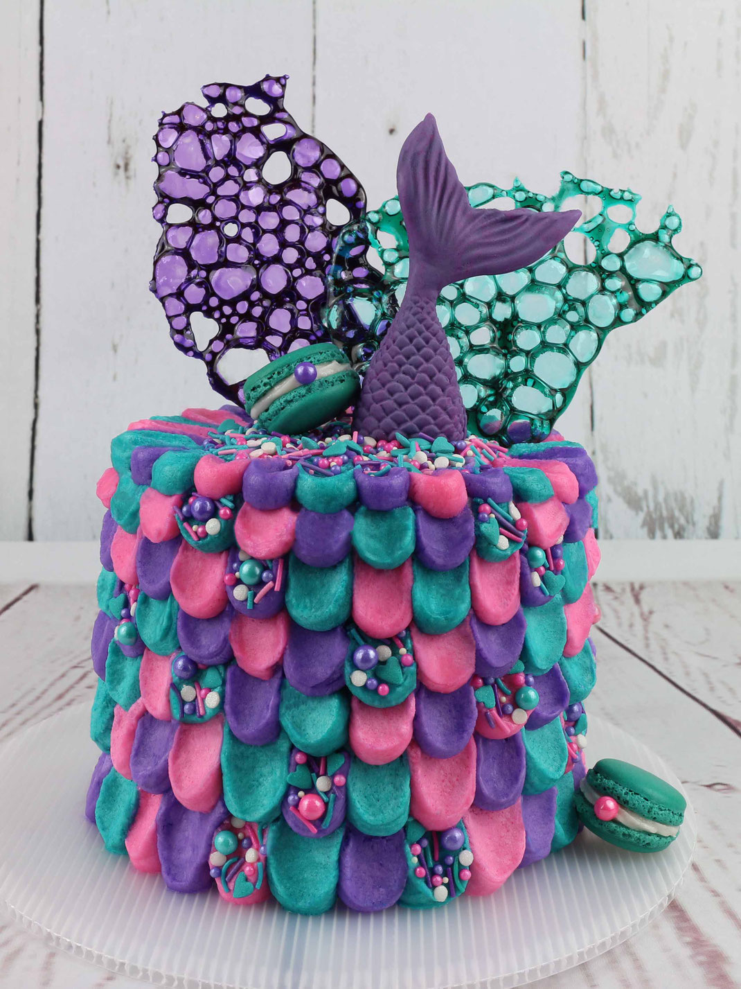 mermaid cake with sugar foam and macarons