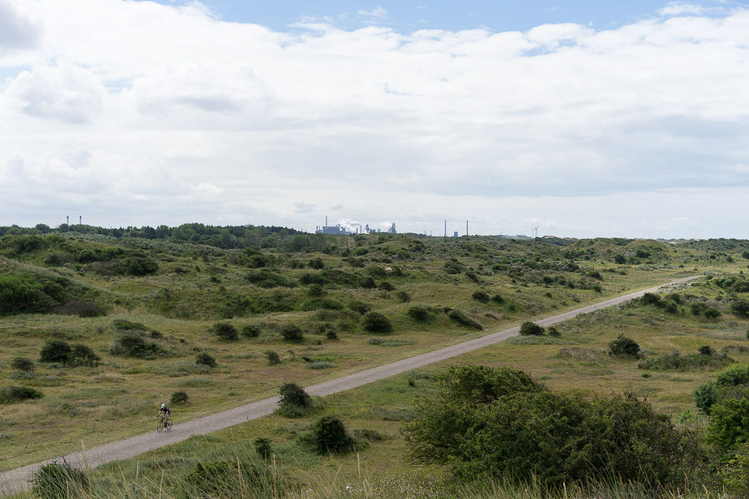 Radfahrer fährt entlang der niederländischen Nordseeküste. Im Hintergrund, am Horizont stehen Industrieanlagen von Wijk aan Zee.