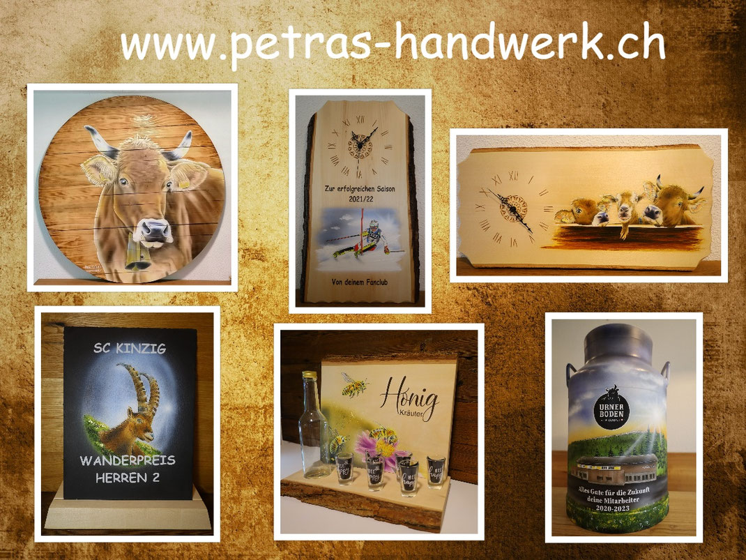 Auftragsmalerei / Holzuhren bemalen / Milchkanne bemalen / Holzwandbild bemalen / www.petras-handwerk.ch