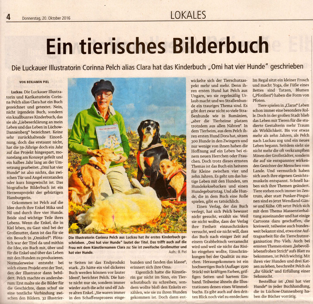 Bericht in der Elbe-Jeetzel-Zeitung über Clara Corinna Pelch und ihr Buch Omi hat vier Hunde