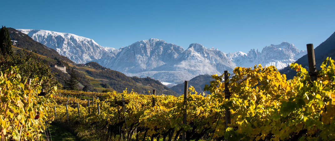 Herbststimmung am Pfannenstielhof mit verschneiten Dolomiten