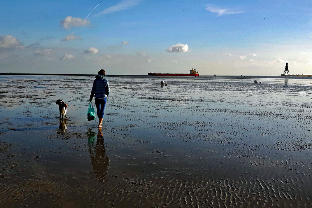Eine Frau mit Hund geht im Watt spazieren. Im Hintergrund fährt ein großes Schiff vorbei. Rechts steht die Kugelbake, ein Wahrzeichen von Cuxhaven. 