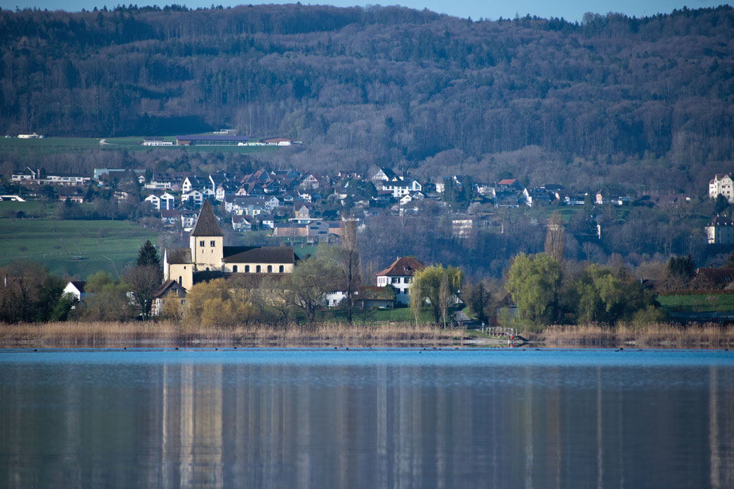 Die Kuirche St.Georg auf der Insel Reichenau steht am Ufer des Sees, im Vordergrund sieht man Wasser und Schild im Hintergrund Häuser an einem Hang.