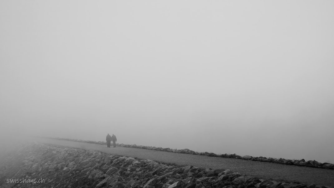 Zwei ältere Personen wandern auf einer Strasse in den Nebel hinein