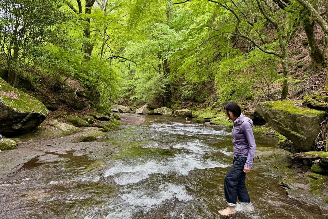 阿蘇・南小国の回で訪れた清流。沢の流れをゆっくりと歩いたシーン。