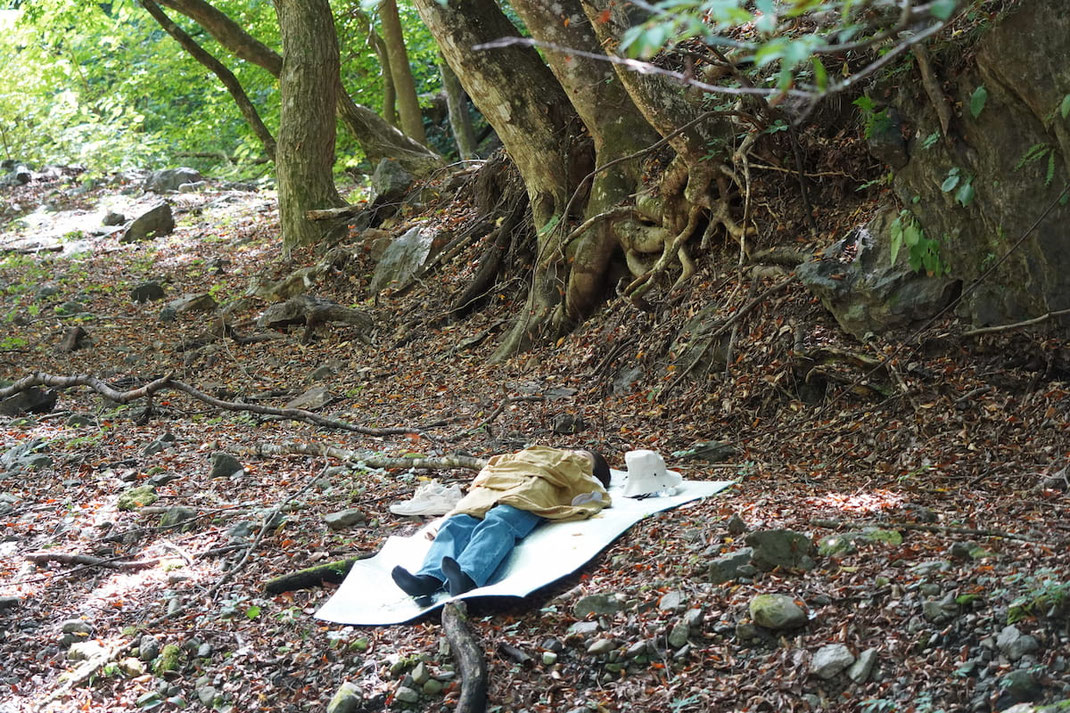 樹の下で静かに横になる参加者