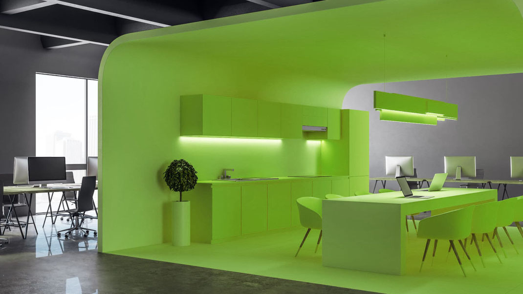 Mitarbeiterküche in einem Büro in Grün