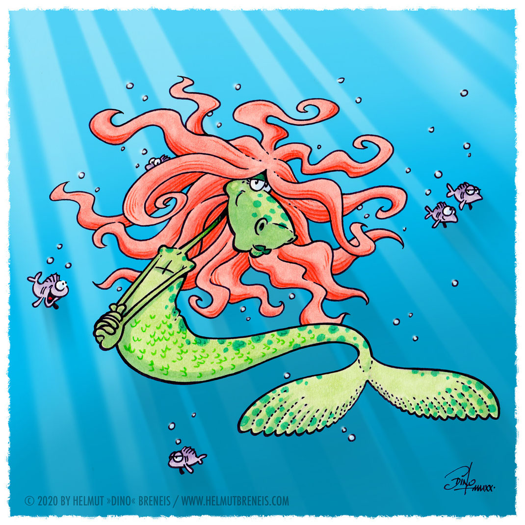Dino-Blog, Helmut »Dino« Breneis, Dinos, Meerjungfrau, Nixe, Mermay, Cartoon, Copic, Tusche, Photoshop