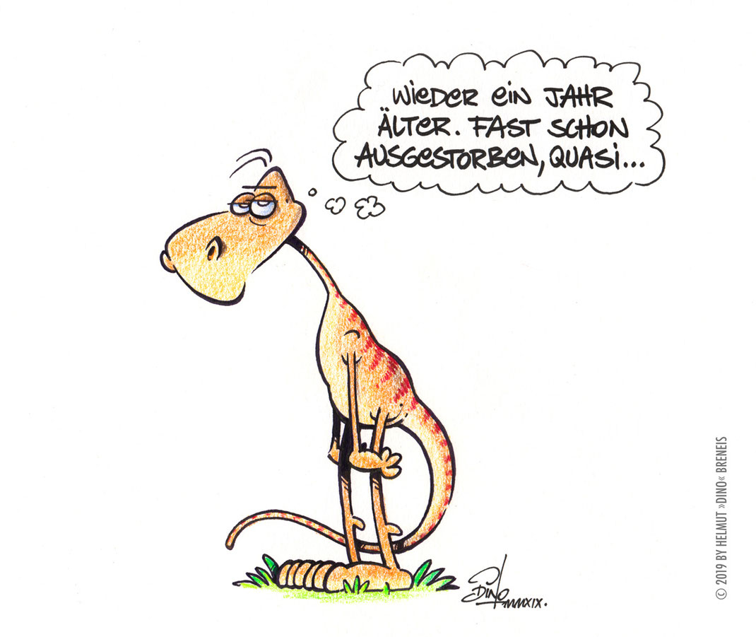 Dino-Blog, Helmut »Dino« Breneis, Dinos, älter werden, Cartoon, Polychromos, Tusche