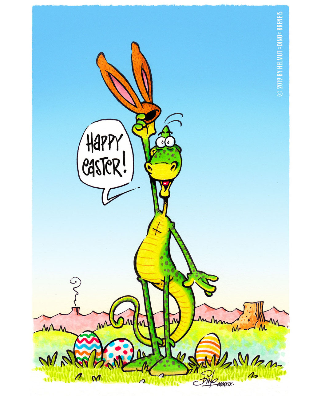 Dino-Blog, Helmut »Dino« Breneis, Dinos, Ostern, Happy Easter, Cartoon, Copic, Tusche