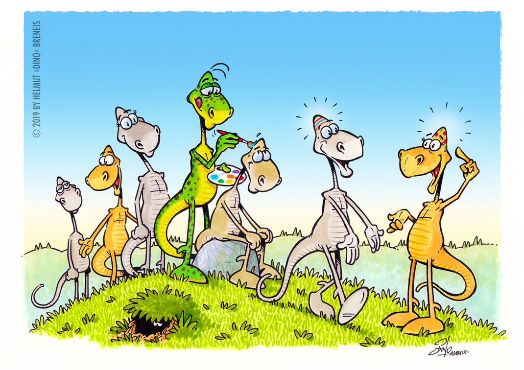 Dino-Blog, Helmut »Dino« Breneis, Dinos, Ostern, Eierköpfe, Cartoon, Copic, Tusche