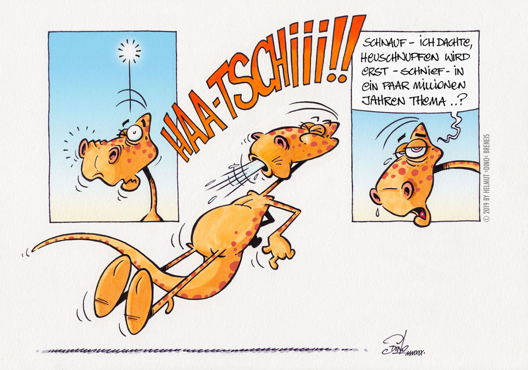 Dino-Blog, Helmut »Dino« Breneis, Dinos, Heuschnupfen, Cartoon, Copic, Tusche