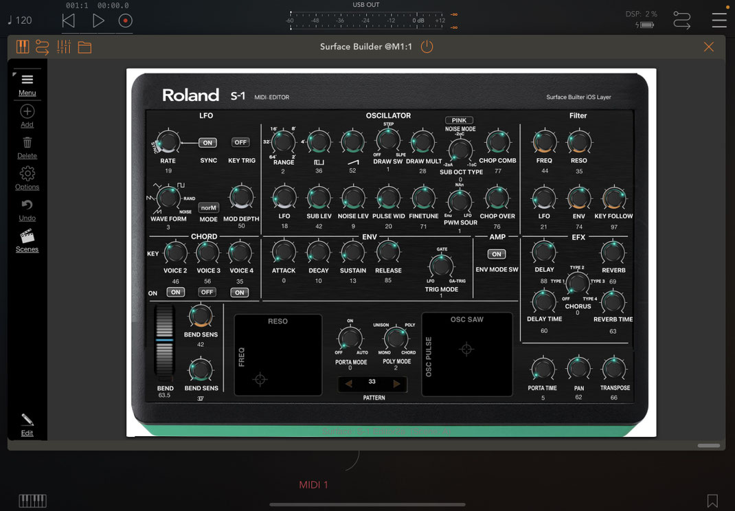 Roland S-1 Editor iOS "Surface Buider" App Surface as AU3 Plugin in "AUM".