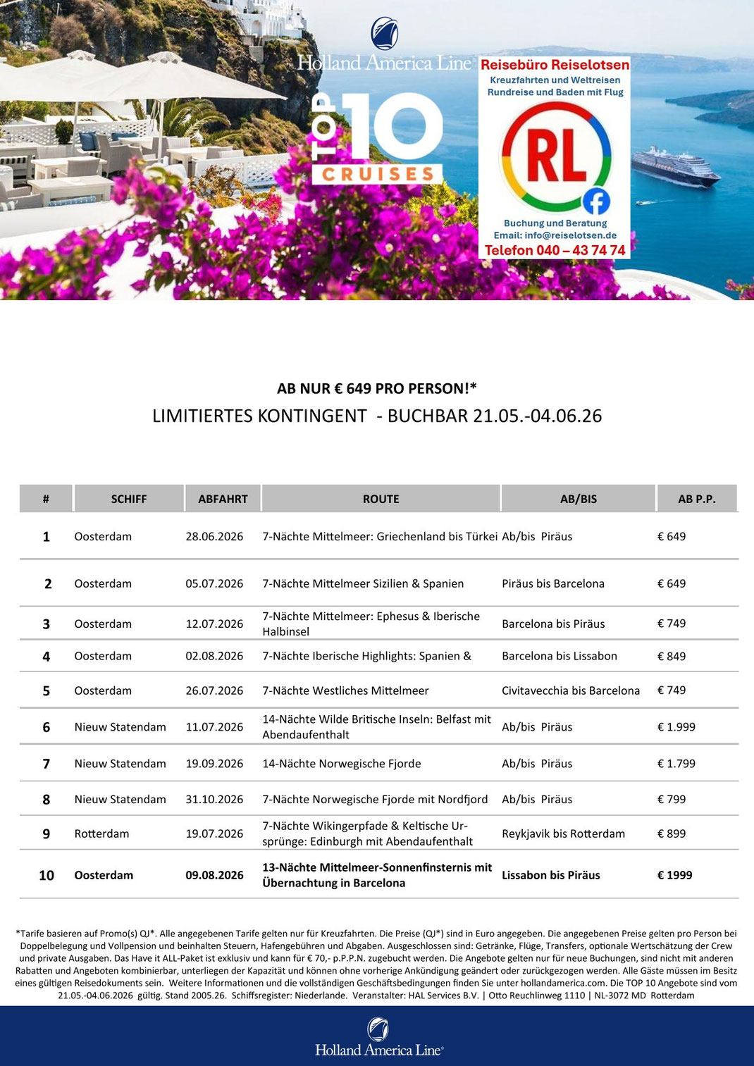 Holland America Line TOP_10 Kreuzfahrt-Angebote Mittelmeer 2026 mit MS Oosterdam - Buchung & Beratung Reisebüro Reiselotsen HafenCity Hamburg