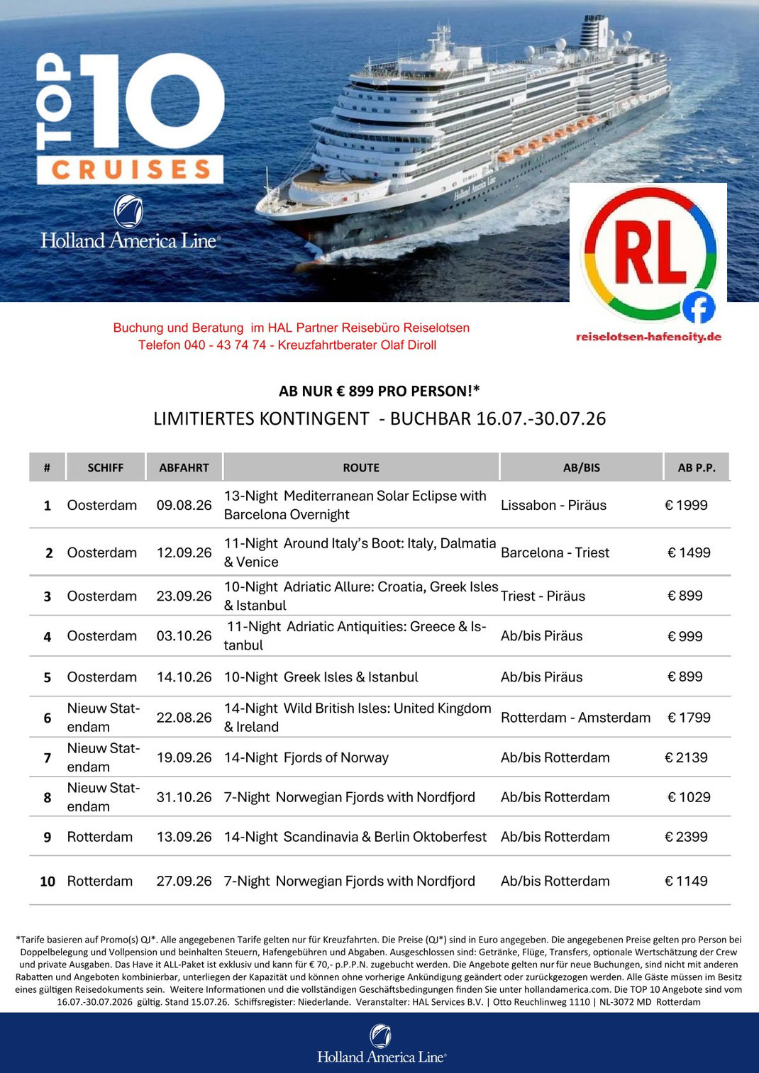 Holland America Line TOP_10 Kreuzfahrt-Angebote Mittelmeer 2026 mit MS Oosterdam - Buchung & Beratung Reisebüro Reiselotsen HafenCity Hamburg
