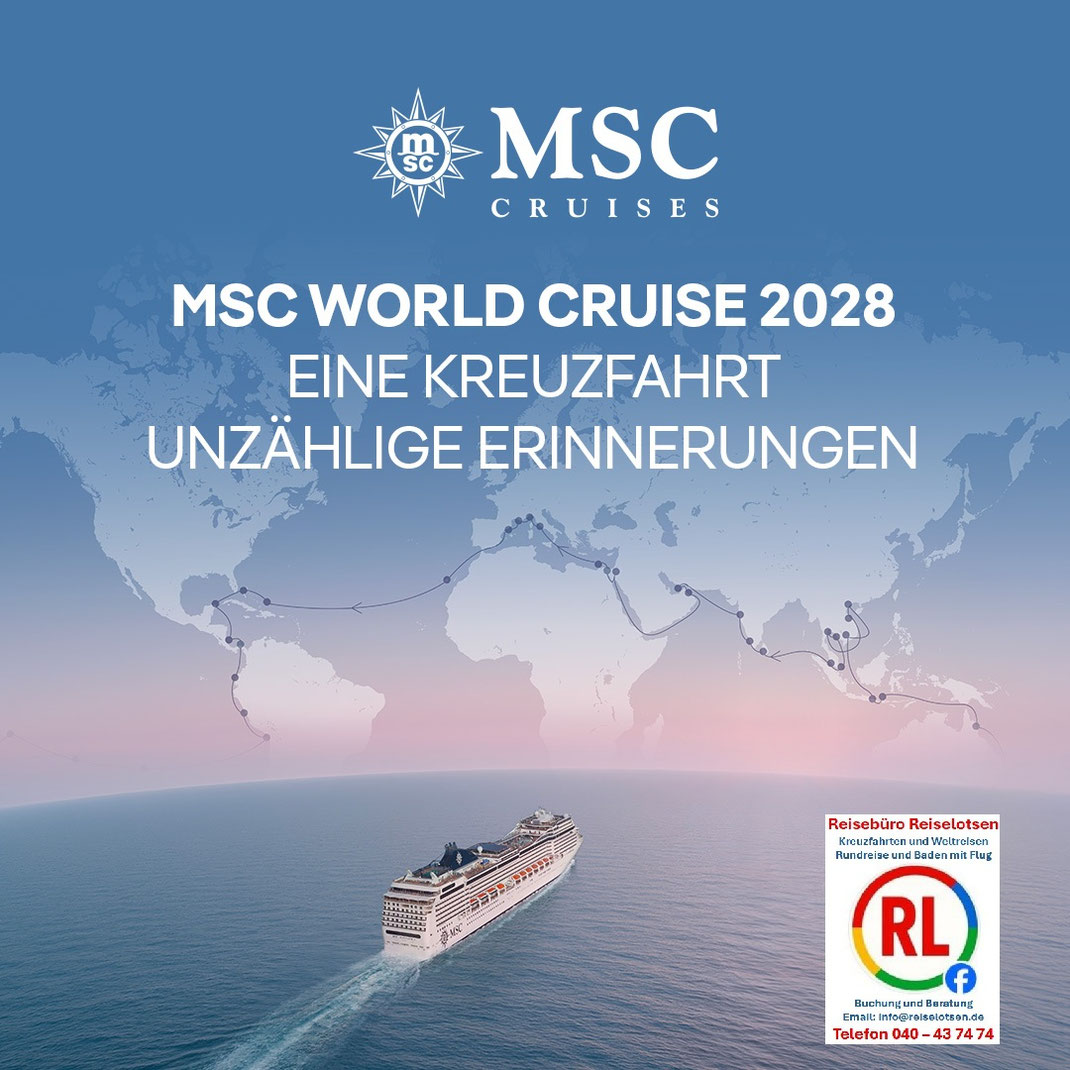 MSC World Cruise 2028 - Reisedauer: 116 Tage / 115 Nächte  - Route und Destinationen: 42 Häfen in 29 Ländern - Übernacht mit Landgänge am Abend: 7 Overnight‑Stops - Reisebüro Reiselotsen