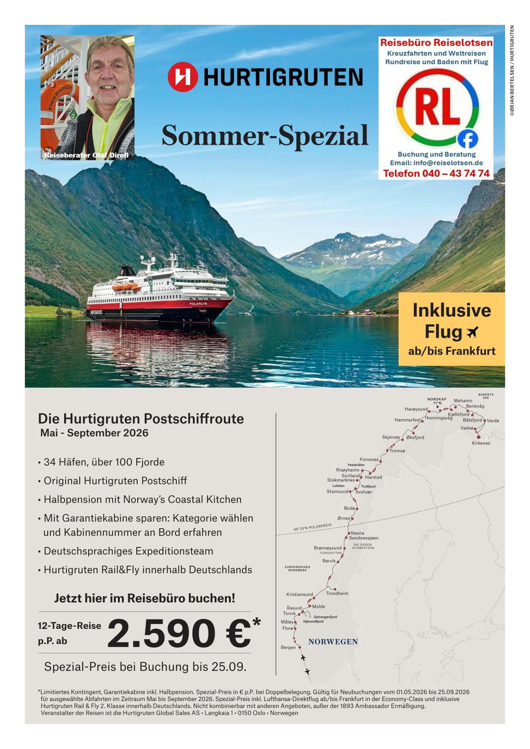 Flyer zur Hurtigruten Postschiffroute 2026 mit Übersichtskarte von Norwegen, Angaben zu 34 Häfen und über 100 Fjorden, Hinweis auf inkludierten Flug ab Deutschland, Halbpension, Expeditionsteam und Rail&Fly sowie Preise beim Reisebüro Reiselotsen Hamburg